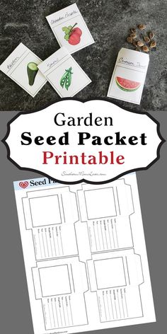 the garden seed packet printable is shown on a table next to some seeds and leaves