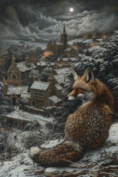 a painting of a fox sitting on top of a snow covered hill next to a town