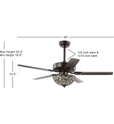 a ceiling fan with measurements for the blades and light fixture on it's side