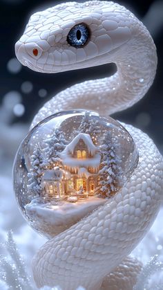 a snow globe with a house inside and a snake in the middle that has it's eyes open