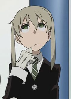 an anime character with long hair and green eyes wearing a black suit, tie and white shirt