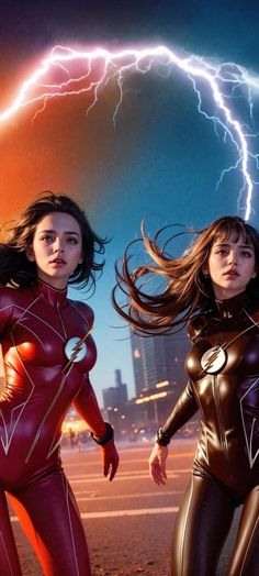 the flash and supergirls are standing together in front of a lightning bolt, with their hair blowing in the wind