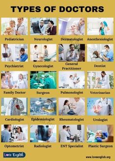 the types of doctors are shown in this poster, and it is also available to be used