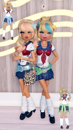 two cartoon girls standing next to each other in front of a wooden wall with an animal print