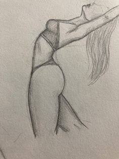 a pencil drawing of a woman with long hair and no bra in a swimsuit