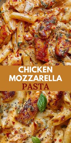 chicken mozzarella pasta with basil on top