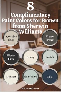 This image displays the title "8 Complimentary Paint Colors for Brown from Sherwin Williams" with eight labeled paint swatches arranged in a grid. The colors shown are:

Accessible Beige (light beige)
Urbane Bronze (dark bronze-brown)
Tricorn Black (deep black)
Creamy (soft cream)
Sea Salt (soft green with gray undertones)
Alabaster (warm white)
Rainwashed (light blue-green)
Naval (rich navy blue)
The background features a cozy bedroom with brown-toned furniture, white bedding, and soft lighting Complimentary Colors For Brown, Best Sherwin Williams Paint Colors, Best Sherwin Williams Paint, Brown Paint Colors, Sherwin Williams Paint, Accessible Beige, Sherwin Williams Paint Colors, Hex Codes, Brown Paint