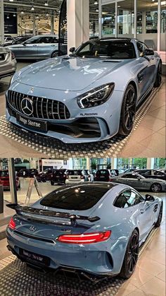 two pictures of cars in a showroom one is blue and the other is silver