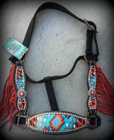 a horse bridle with red fringes and beads on it's sides