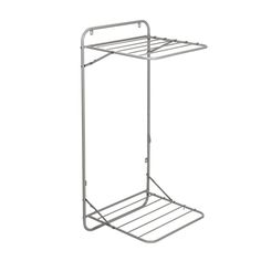 a metal rack with two shelves on the bottom and one shelf above it, against a white background