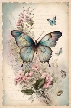 a blue butterfly with pink flowers and butterflies on it's back side, in front of