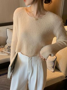 Shipping: Worldwide Express Shipping AvailableDelivery time: 7-15Days Fast ShippingReturns: Fast refund, 100% Money Back Guarantee. Sweater Old Money, Hollow Out Sweater, Cream Sweater, Round Neck Tops, Early Spring, Soft Velvet, Round Collar, Long Sleeve Knit, Knitted Pullover