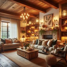 a living room filled with furniture and a fire place under a chandelier hanging from the ceiling