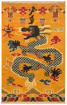 Tibetan Rug Tibetan Rug, Vintage Asian Art, Chinese Folk Art, Asian Rugs, Tibetan Rugs, Diy Carpet, Magic Carpet, Dragon Drawing, Antique Carpets