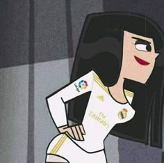 a cartoon girl with long black hair wearing a white uniform