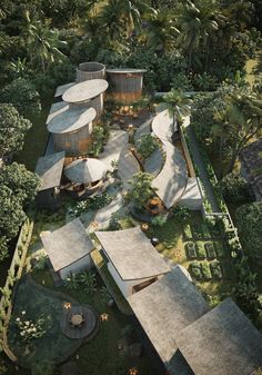 an aerial view of a house in the middle of trees and grass, surrounded by palm trees