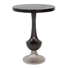 a small round table with a black top and metal base on an isolated white background