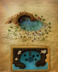 an image of a blue hole in the sand with trees and houses around it,