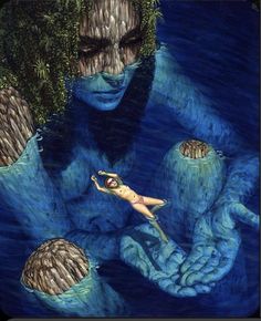 a painting of a woman floating in the water surrounded by trees and other strange creatures