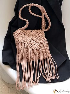 BirdinBag - Compact Crochet Bag with Decorative Fringe Trim Casual Rectangular Macrame Bag, Macrame Crossbody Bag For Beach, Beige Macrame Rectangular Shoulder Bag, Beige Rectangular Shoulder Bag With Macrame, Beige Rectangular Macrame Shoulder Bag, Rectangular Macrame Bag, Rectangular Beige Macrame Shoulder Bag, Brown Macrame Bags For Travel, Brown Macrame Rectangular Shoulder Bag