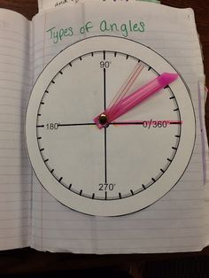 an open book with a pink clock on the pages and words written in white paper