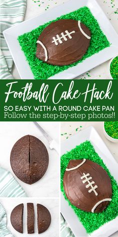 a football cake with chocolate frosting and green sprinkles on the side