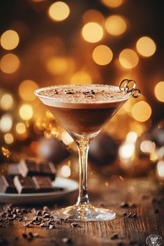 a glass filled with liquid and chocolate on top of a table