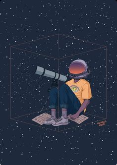 a man sitting in front of a telescope looking at the stars