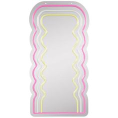 a mirror that is on top of a white wall with pink and yellow trimmings