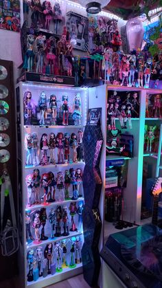 a room filled with lots of toy action figures and toys on top of bookshelves