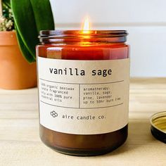 a candle sitting on top of a table next to a potted plant