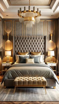 a large bed sitting under a chandelier next to two tables with lamps on them