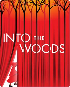 the cover to into the woods, with trees on either side and red curtains behind it