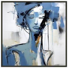 an abstract painting of a woman's face in blue and white