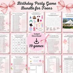 the birthday party game bundle for teens is shown with pink bows and balloons on it