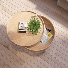 a table with a plant on it and some books sitting on top of the table