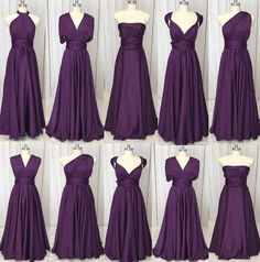 the different types of bridesmaid dresses on mannequins, including one in purple