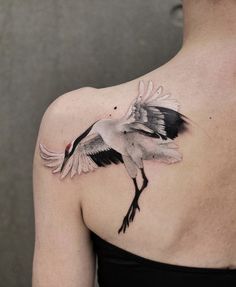 the back of a woman's shoulder with a white and black bird on it