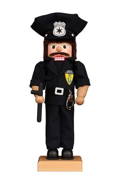 a wooden toy with a police officer outfit