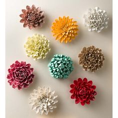 six different colors of paper flowers arranged on a white surface with one flower in the middle