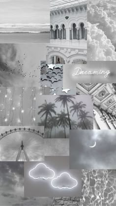 black and white collage with images of buildings, clouds, palm trees, ferris wheel