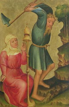 an old painting of two people with one holding a stick and the other looking at something