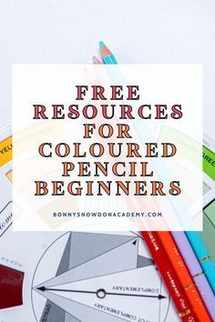 the words free resources for colored pencil beginners on top of some books and markers