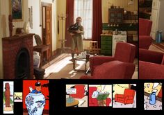 a man standing in a living room next to a fire place and red chairs with cartoon pictures on them