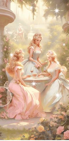 three beautiful women sitting at a table in the middle of a flowery garden with roses