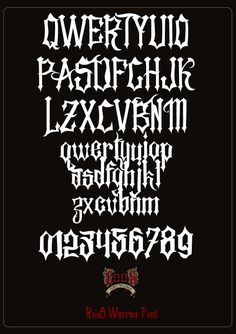 an old gothic typeface with the letters and numbers in white ink on black background