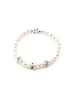 White Pearl Link Bracelet with Silver Crystal Rhinestone Accent Elegant Nickel-free Crystal Bracelet With Round Beads, Elegant Rhinestone Bracelets With Round Beads, Elegant Bracelets With Rhinestone Round Beads, White Crystal Bracelet With Rhinestones As Gift, Pearl White Rhinestone Jewelry For Gifts, Nickel-free Elegant Charm Bracelet With Round Beads, Adjustable White Crystal Bracelet With Rhinestones, White Adjustable Crystal Bracelet With Rhinestones, Elegant Pearl Bracelet Nickel Free