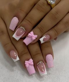 Bow Nail Designs, Pink White Nails, Birthday Nail Designs, Light Pink Nails, Fancy Nails Designs, Girly Acrylic Nails, Cute Acrylic Nail Designs, Short Square Acrylic Nails, Acrylic Nails Coffin Short