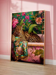 a painting of a leopard sitting on a couch in front of pink walls and flowers