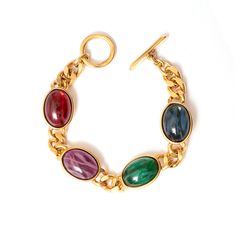 Shop the beautiful Novelia Bracelet from the Lucresia collection. This chunky curb chain statement bracelet features a toggle closure and is made with with 24K gold-plated brass and colorful Czech glass stones in red, purple, blue and green. All jewelry is handmade and made-to-order in our NYC Design Studio. Elegant Multicolor Metal Chain Bracelet, Beachy Necklace, Hair Accessories Pins, Cute Watches, Nyc Design, Chunky Bracelets, Chunky Jewelry, 24kt Gold, City Design